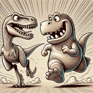 alt  Шуточный рисунок двух динозавров, бегущих радом друг с другом прямолинейно и равномерно