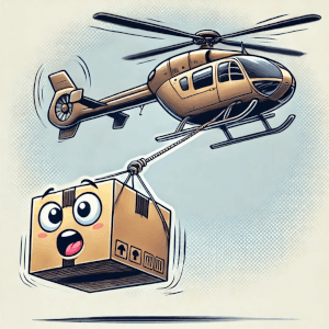 На рисунке изображён в шуточном стиле вертолёт, поднимающий на тросе груз