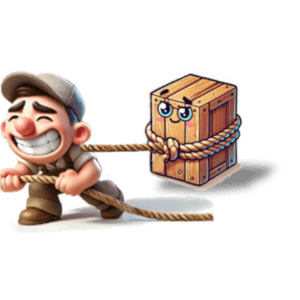 На рисунке в шуточном стиле изображён человек, тянущий за верёвку деревянный ящик