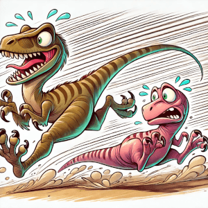 На рисунке изображён в шуточном стиле хищный динозавр велоцираптор, охотящийся на травоядного динозавра