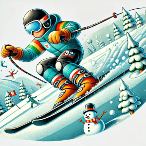 На рисунке изображён в шуточном стиле горнолыжник, спускающийся по горнолыжной трассе