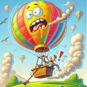 На рисунке в шуточном стиле изображён воздушный шар, привязанный верёвкой к земле